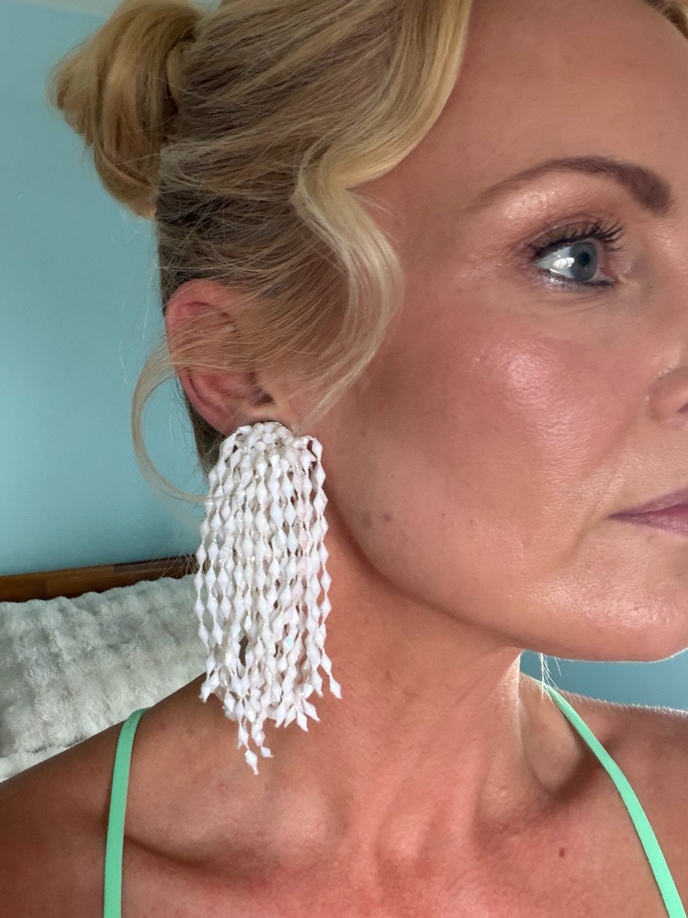 Vintage White Beaded Fringe Clip On Earrings Waterfall Dangle